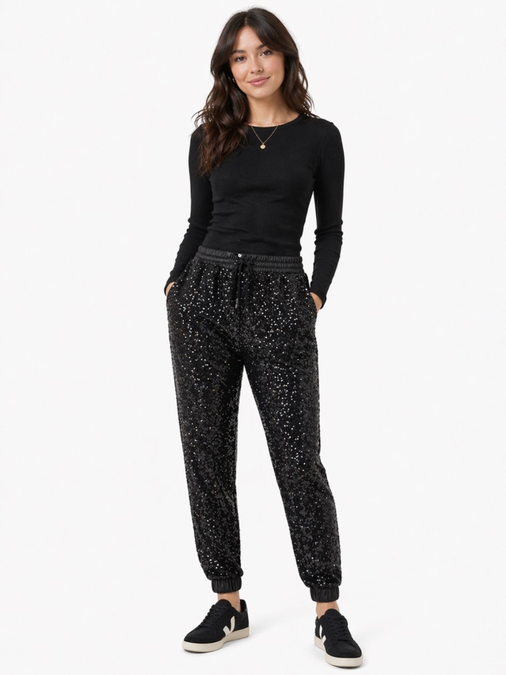Silva Sequin & Faux Leather Trim Jogger Pants in Black Small